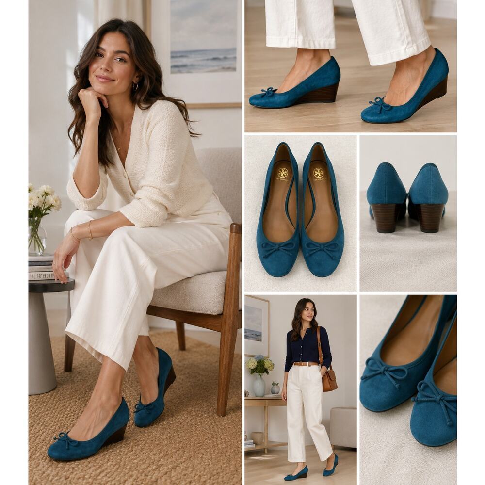 Tory Burch Teal Suede Bow Low Wedge Ballet Pumps Designer Comfort Shoes 5M